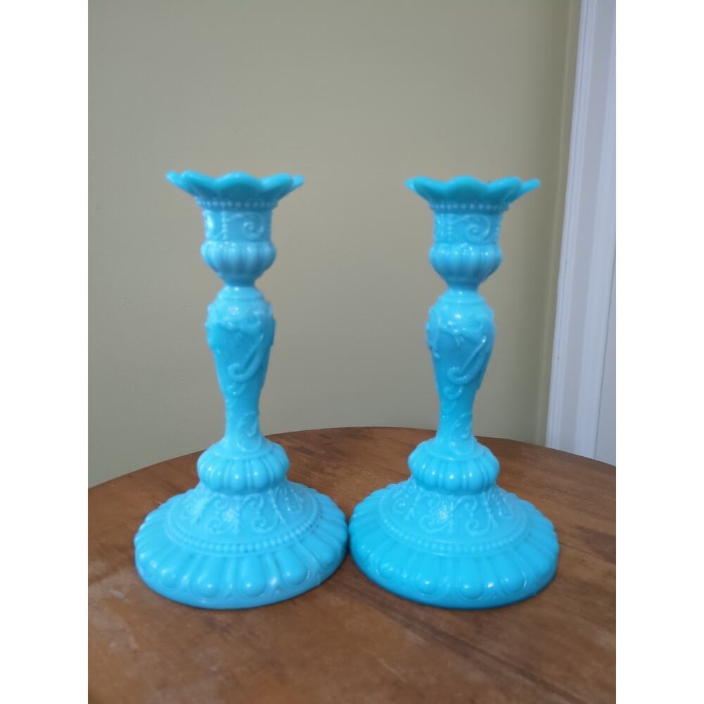 Rare Vintage French Portieux Vallerysthal Blue Opaline Glass Pair Candlesticks